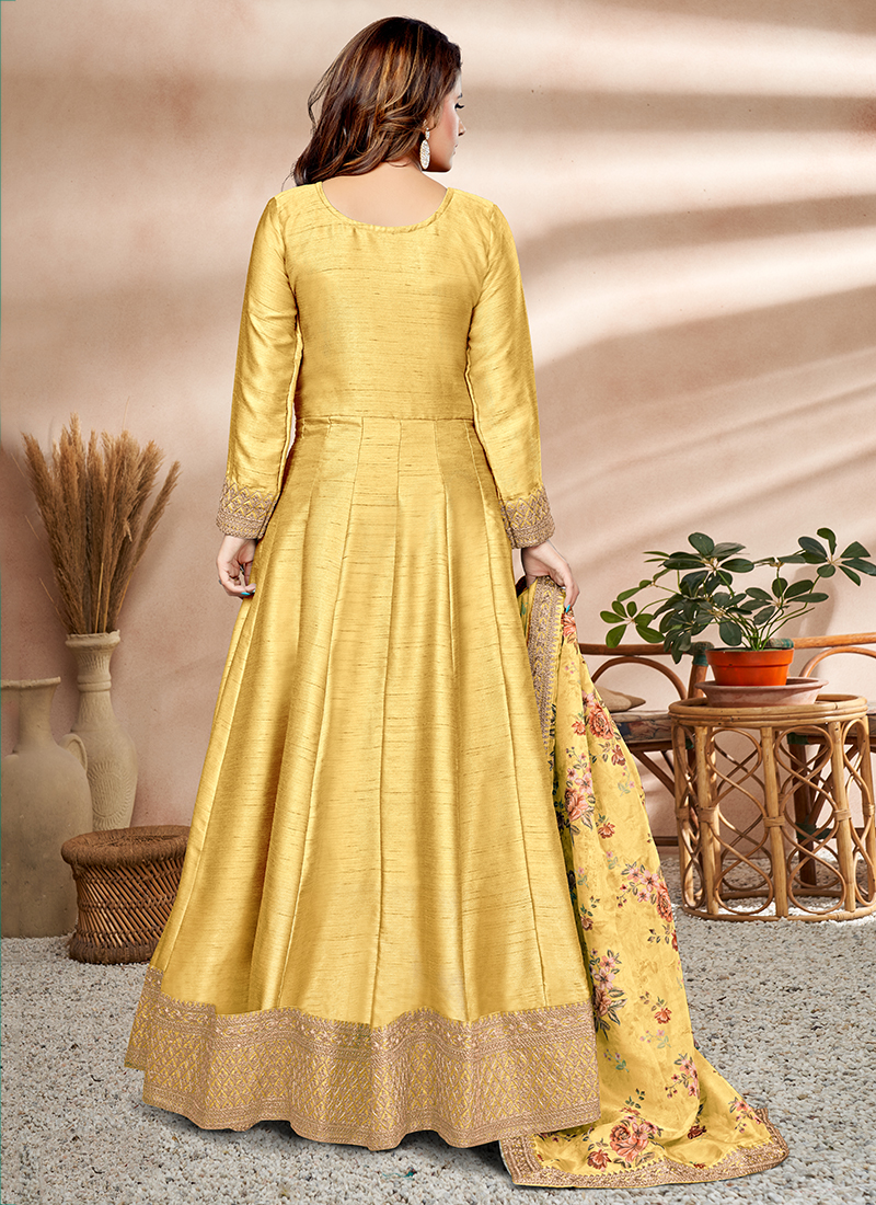 Buy Yellow Embroidery Work Art Silk Trendy Anarkali Suit Online